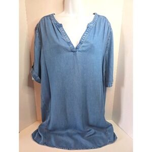 Southern Tide Denim Tunic Dress Blue Split V-Neck Roll Tab Sleeve Womens Large
